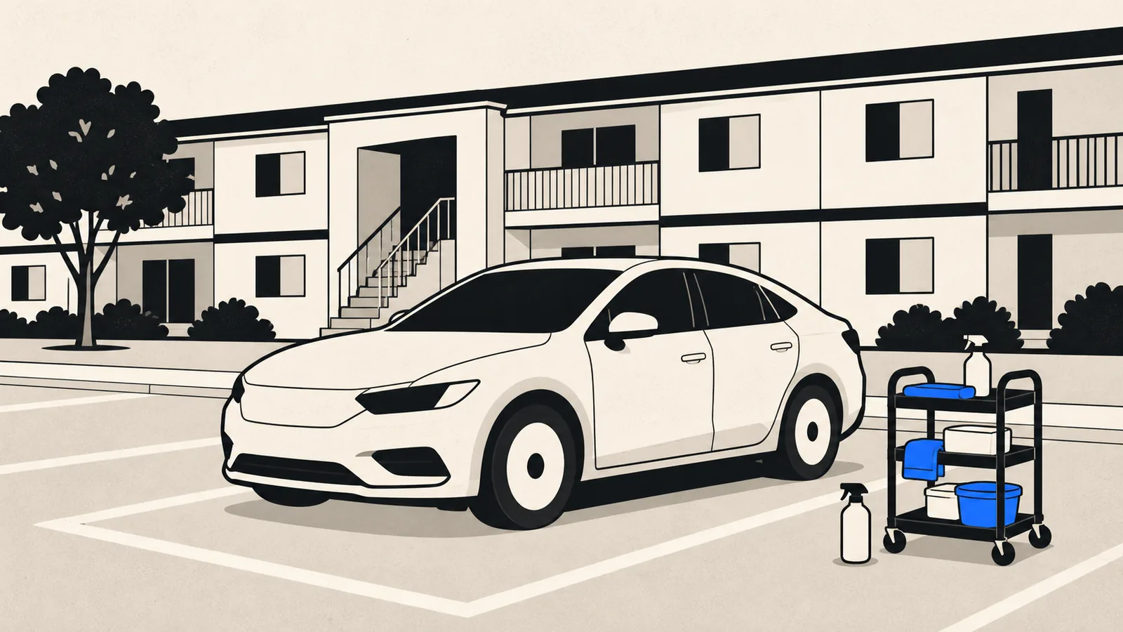 Flat illustration of a car in a marked apartment parking bay beside a low apartment block, with a compact detailing cart and a small spray bottle.