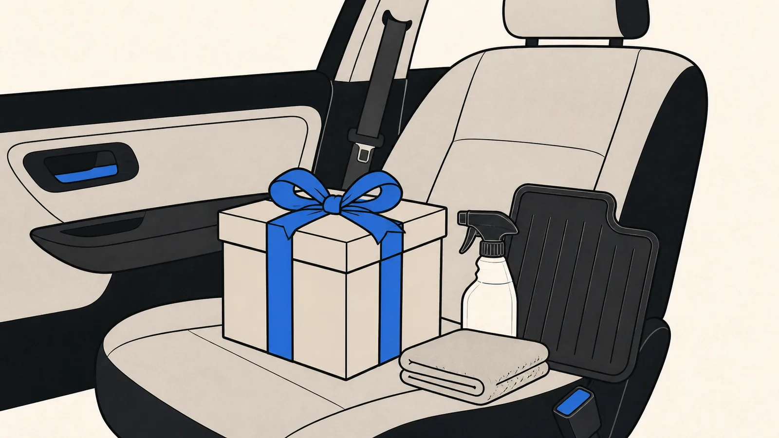 Flat illustration of a wrapped gift box with a ribbon on a car seat, with a small kit of a spray bottle, a towel, and a floor mat beside it.