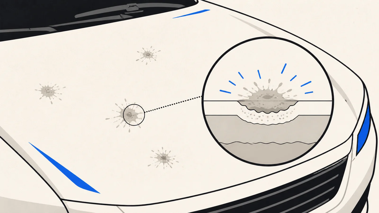 Flat illustration of splatter marks on a car hood with a magnified view of one etching into the clear coat.