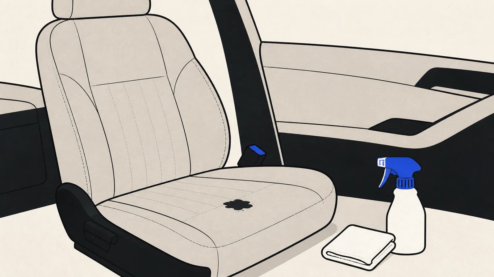 Flat illustration of a car seat with a small dark stain, a cold water spray bottle, and a white blotting towel beside it.