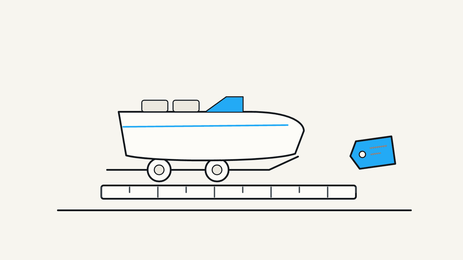 Flat illustration of a bowrider on a trailer above a measuring tape spanning its length, with a blank price tag on the tape.