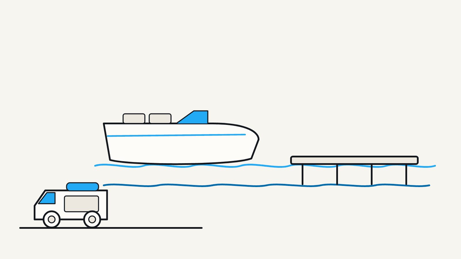 Flat illustration of a bowrider tied at a dock on a wide lake with a shoreline and a service van parked at the ramp.