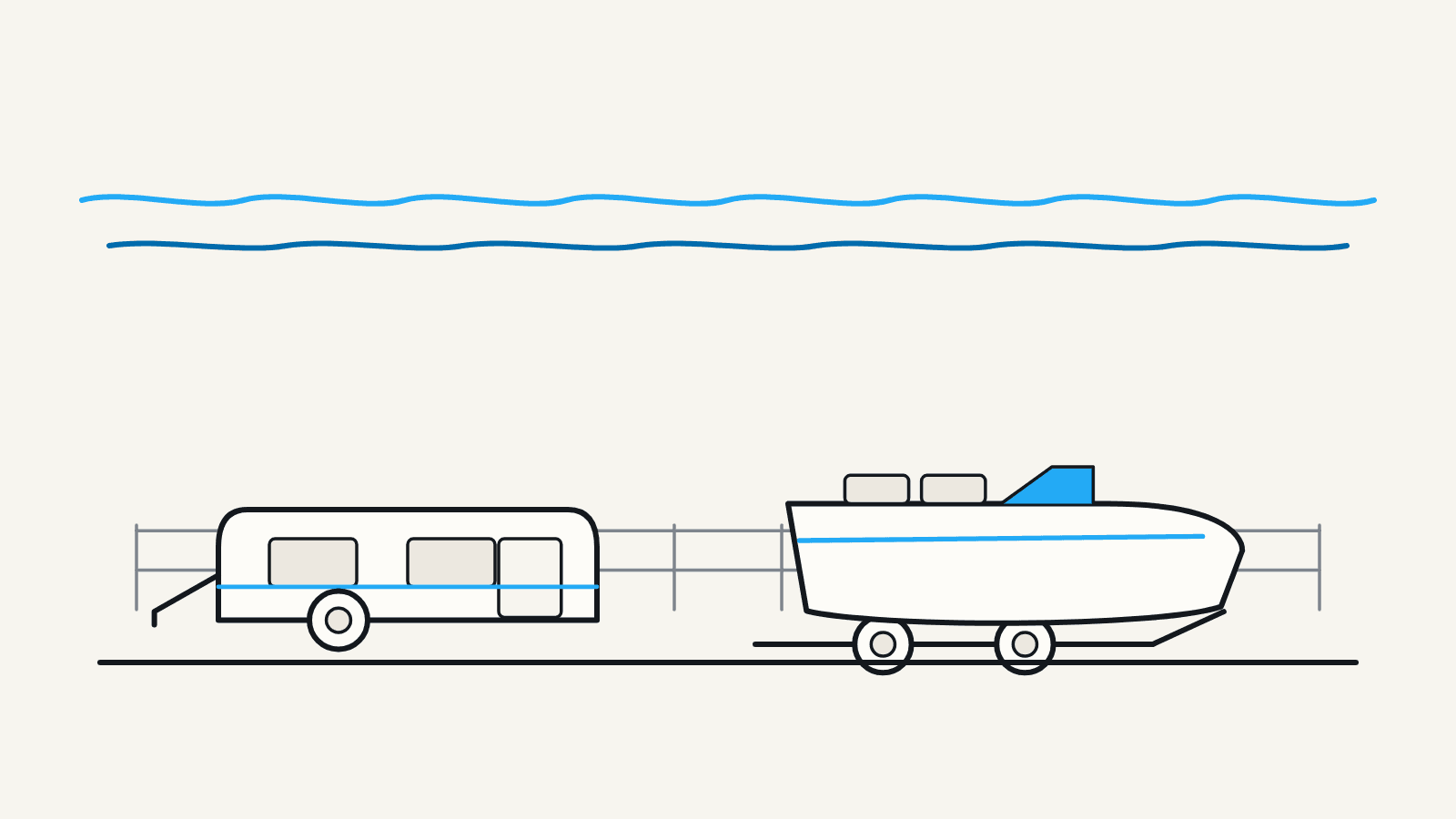 Flat illustration of a travel trailer and a boat on a trailer parked side by side in a storage row with a lake in the background.