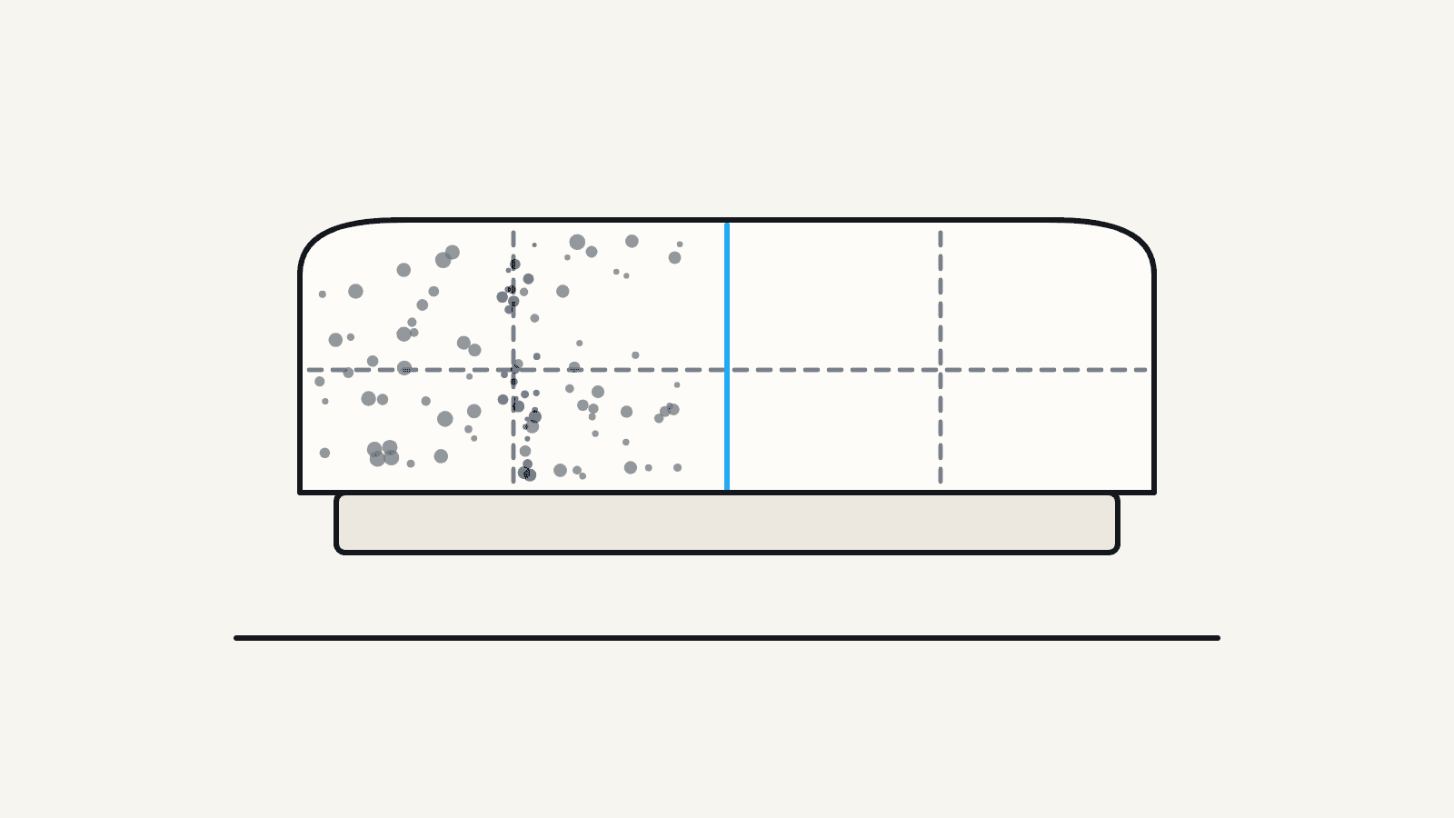 Flat illustration of a boat bench seat with dark speckling along the stitched seams, half of it cleaned back to pale vinyl.