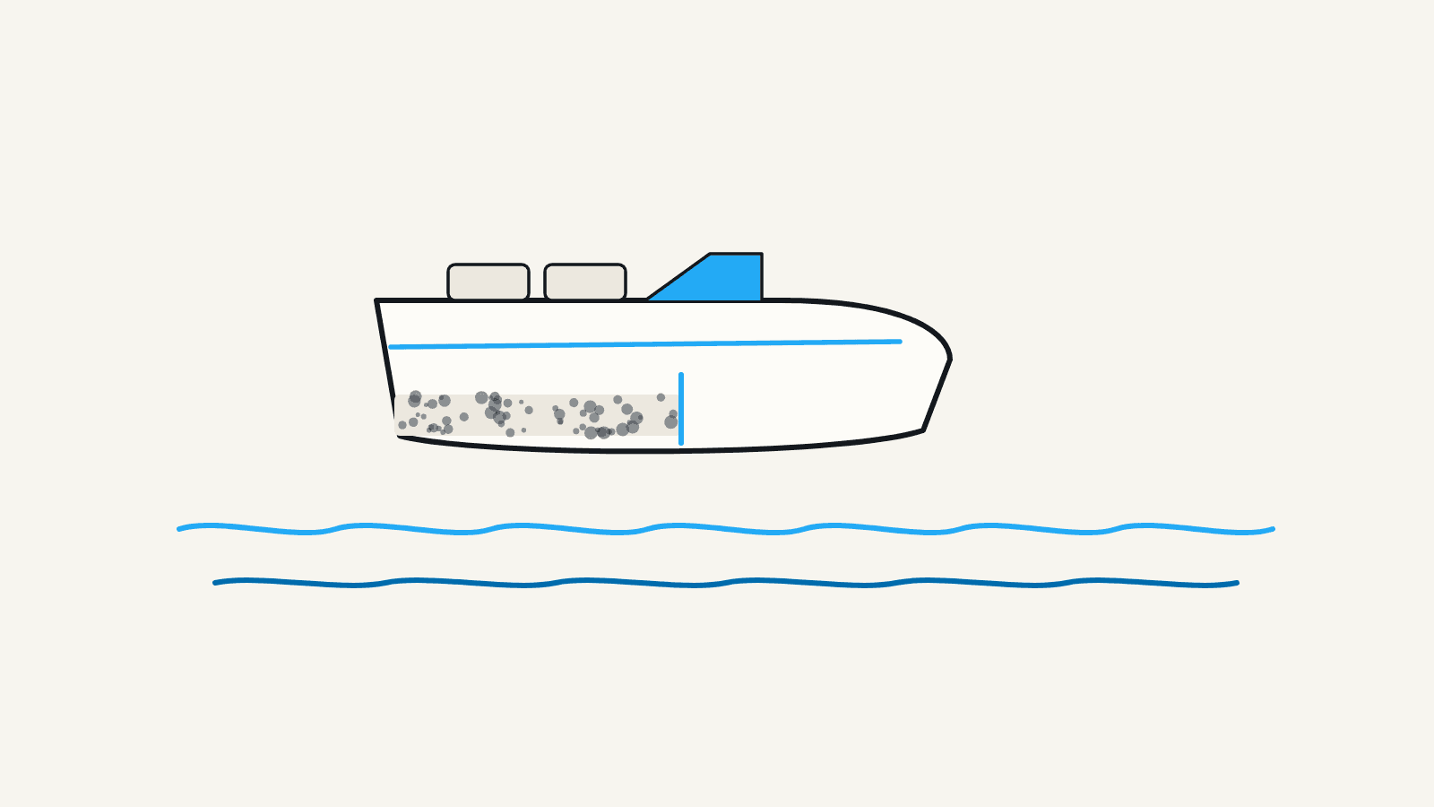 Flat illustration of a boat hull at the waterline with a brown stained band, half of it cleaned back to white gelcoat.