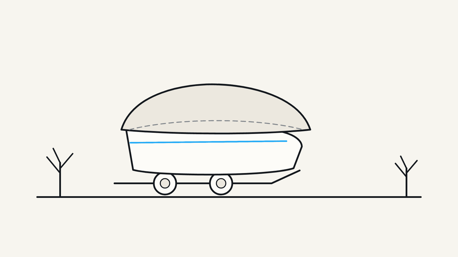 Flat illustration of a covered boat on a trailer in a storage lot with bare trees behind it and cushions propped on edge inside.