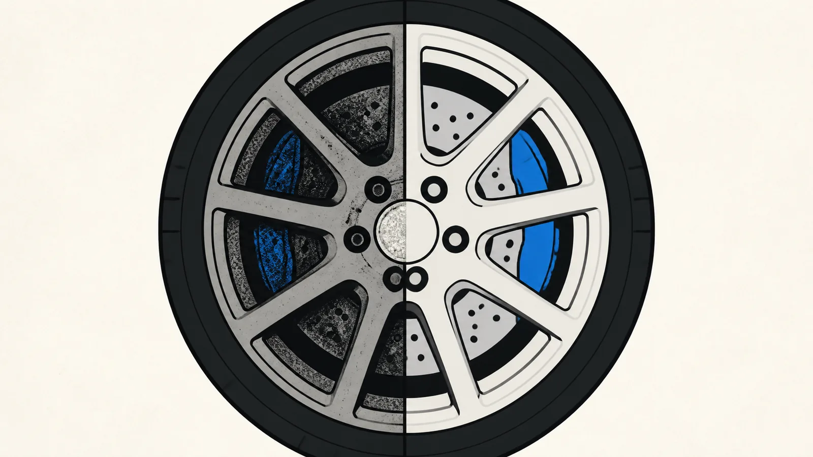 Flat illustration of one alloy wheel split down the middle: caked brake dust on the left, clean spokes and dressed tire on the right.