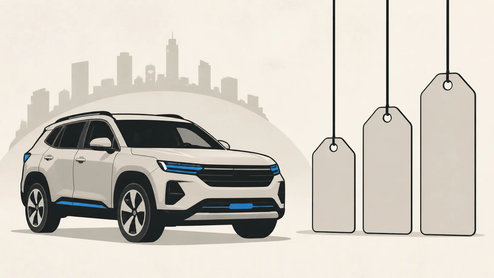 Flat illustration of an SUV beside three blank price tags rising in size like a bar chart.