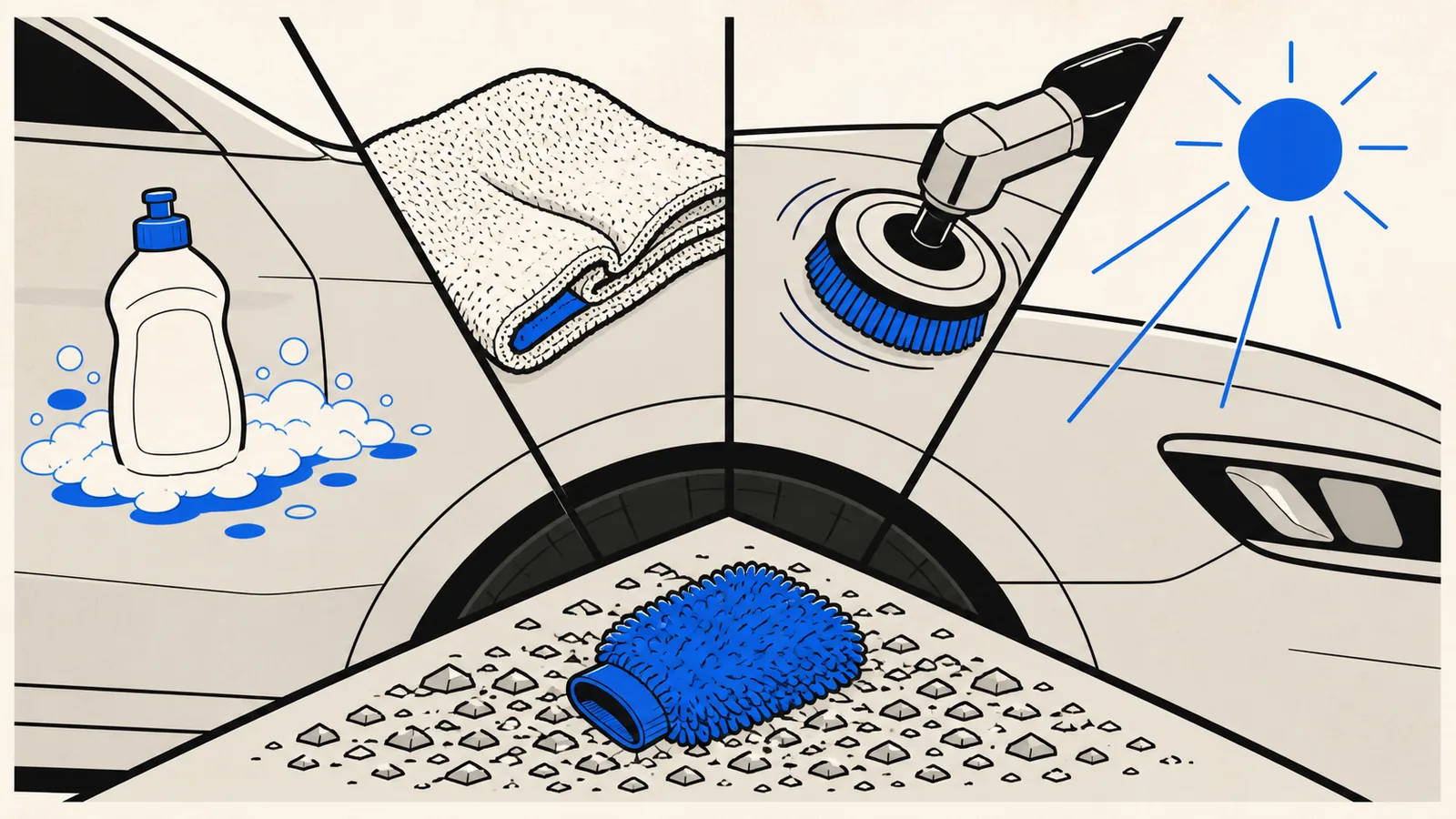 Flat illustration of a car panel divided into wedges showing common mistakes: a dish soap bottle, a household towel, a spinning brush, direct sun, and a dropped wash mitt on gravel.