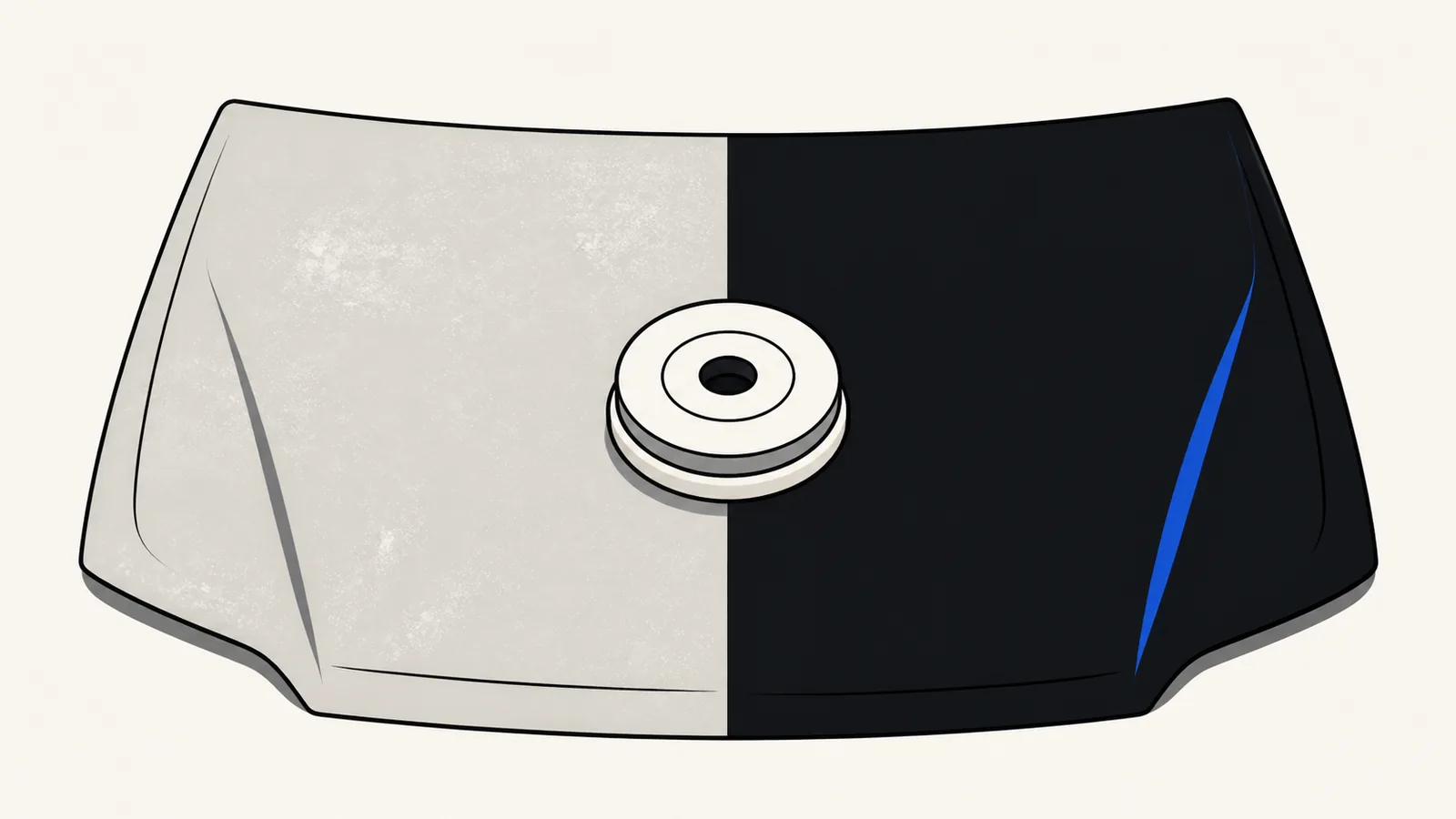 Flat illustration of a car hood split down the middle, chalky and faded on one half and deep and glossy on the other, with a compounding pad between them.