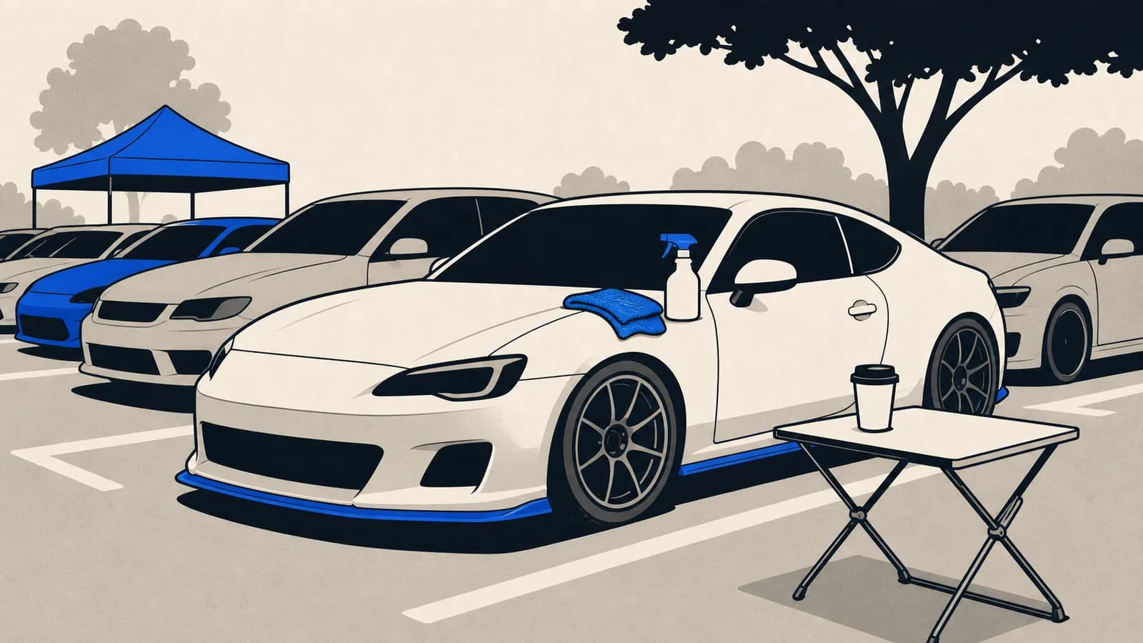 Flat illustration of a show-ready car parked in a row at a morning meet, with a coffee cup on a folding table and a detail spray bottle and towel on the fender.