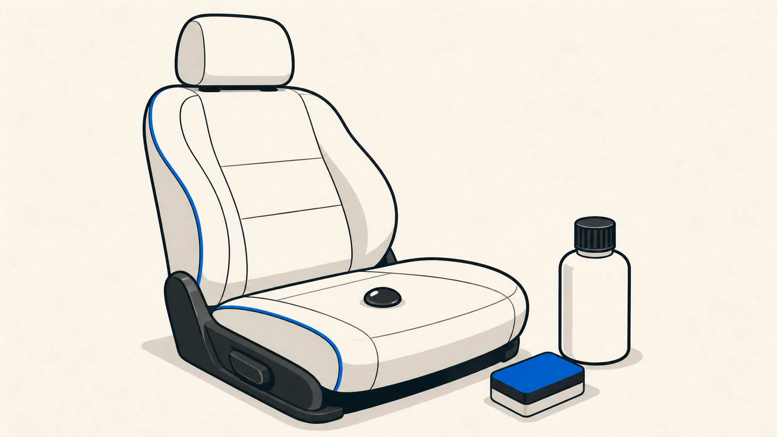 Flat illustration of a white car seat with a droplet of dark liquid beading on the surface instead of soaking in, with a small coating bottle and applicator beside it.