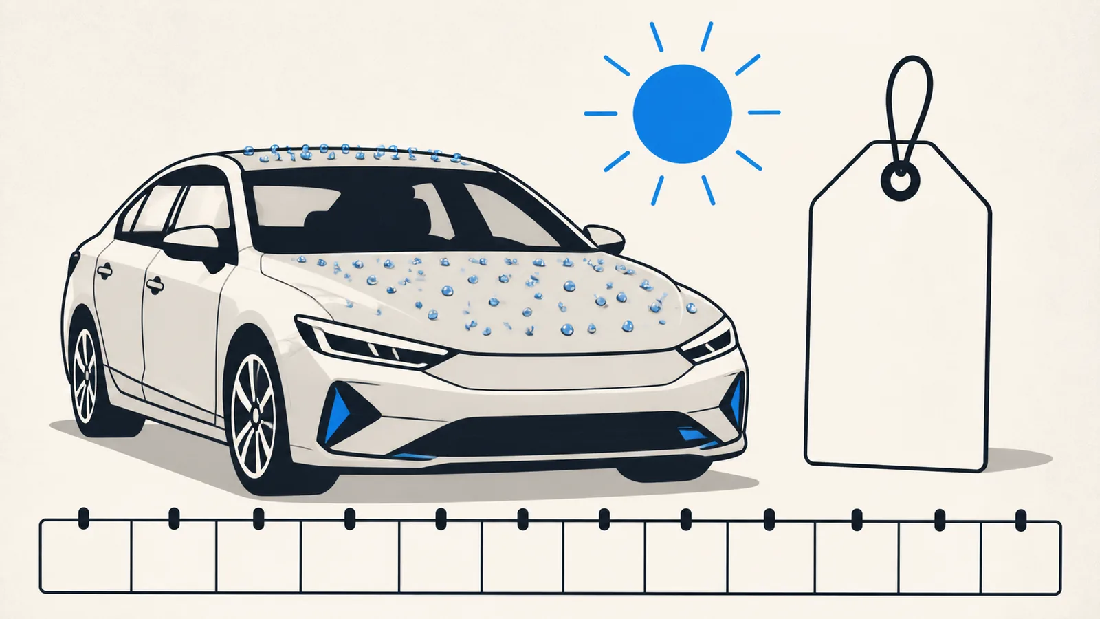 Flat illustration of a coated car with tight water beads beside a blank price tag and a calendar strip of years, under a hot sun.