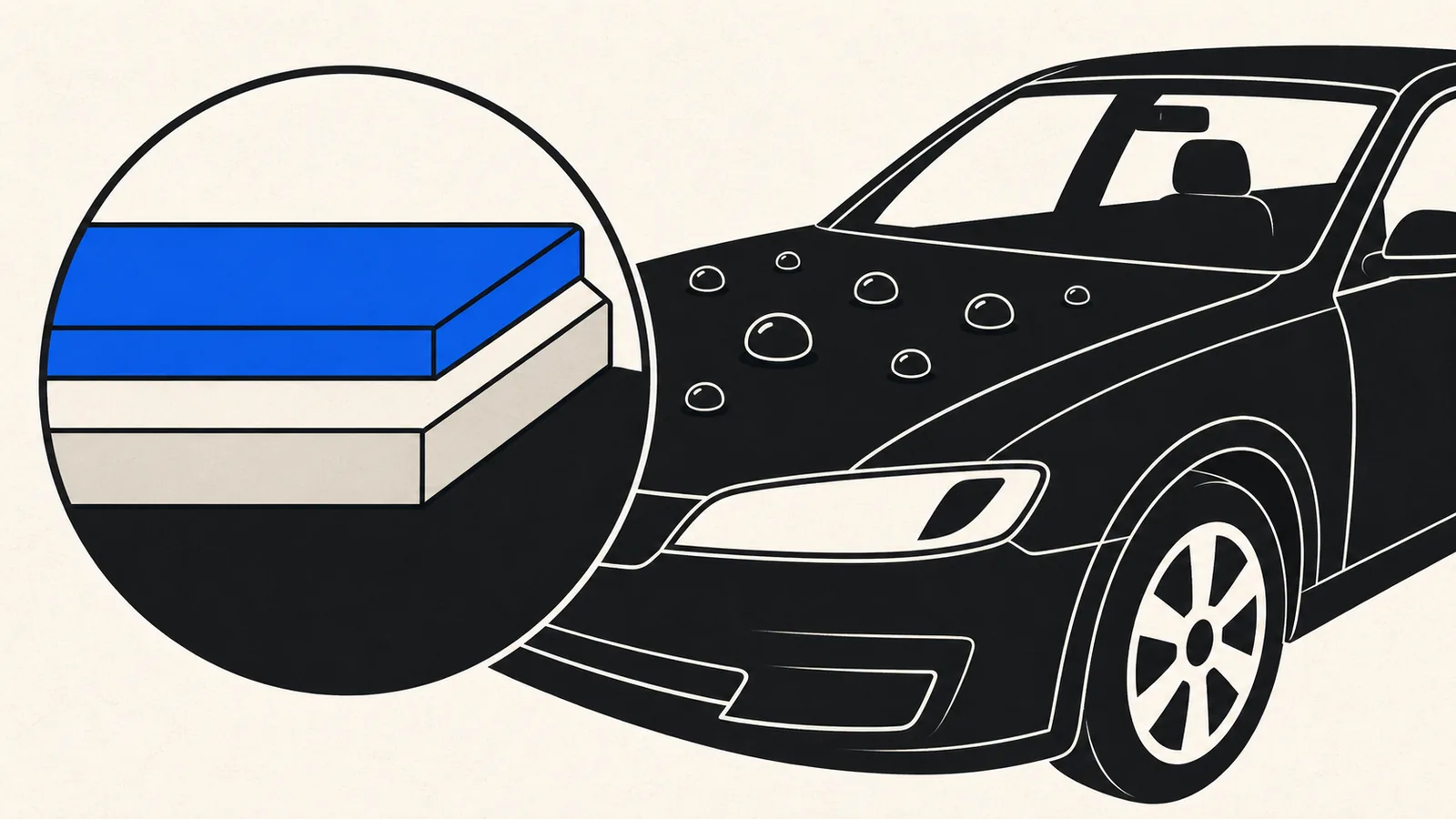 Flat cross-section illustration of three protective coating layers on car paint with water beading on top.