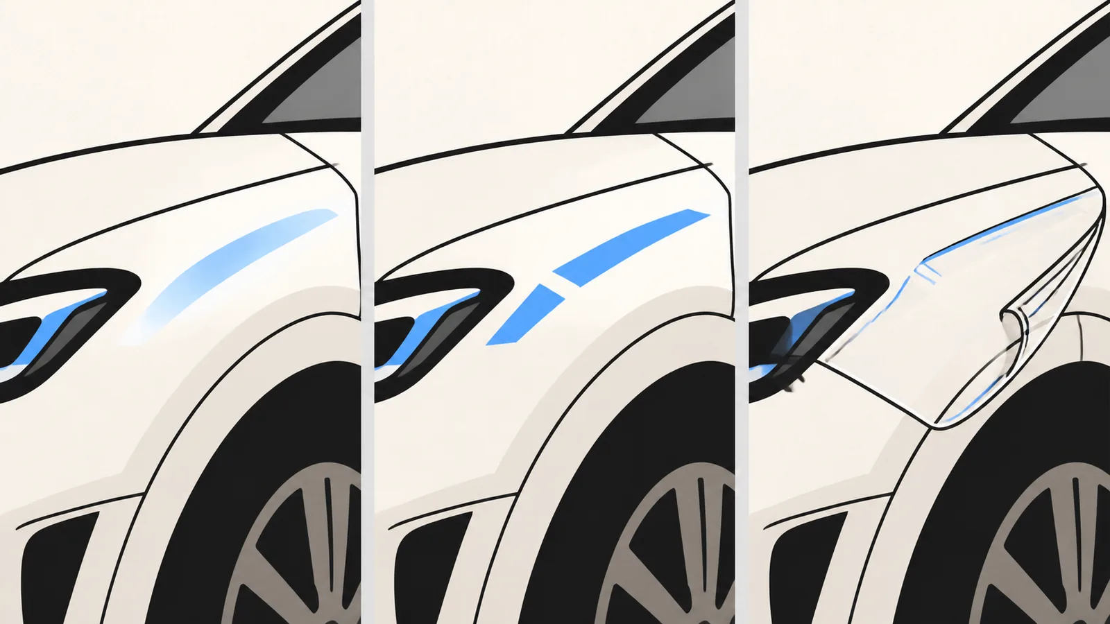 Flat illustration of three panels of the same car fender: one with a soft wax sheen, one with a hard glassy coating, one with a thick clear film peeling at the corner.