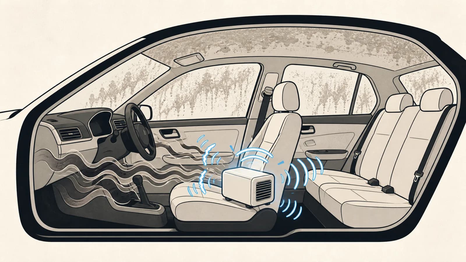 Flat cutaway illustration of a car cabin with residue film on the headliner and glass, an ozone generator on the seat, and smoke waves being cancelled.