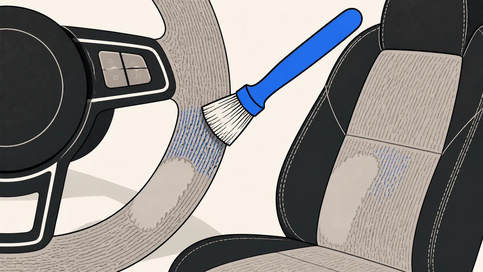 Flat illustration of a suede-wrapped steering wheel rim and seat insert with a matted shiny patch and a soft brush lifting the nap back up.