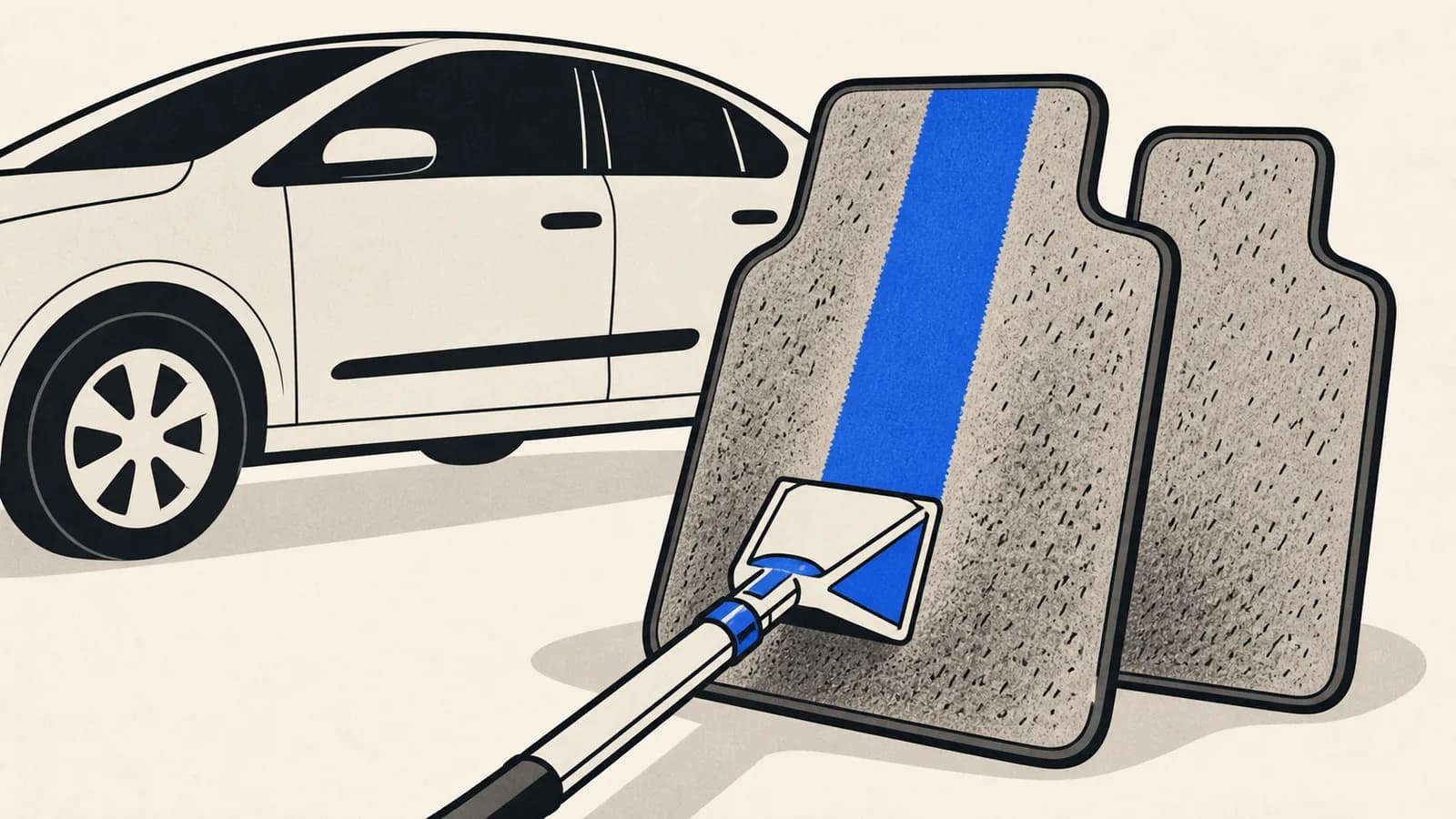 Flat illustration of car floor mats standing on end beside a car, with an extractor wand pulling a clean stripe through dirty carpet.