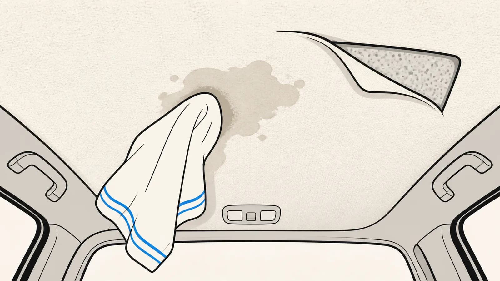 Flat illustration of a car headliner seen from below with a stain and a light towel dabbing at it, showing the fabric layer over foam backing.