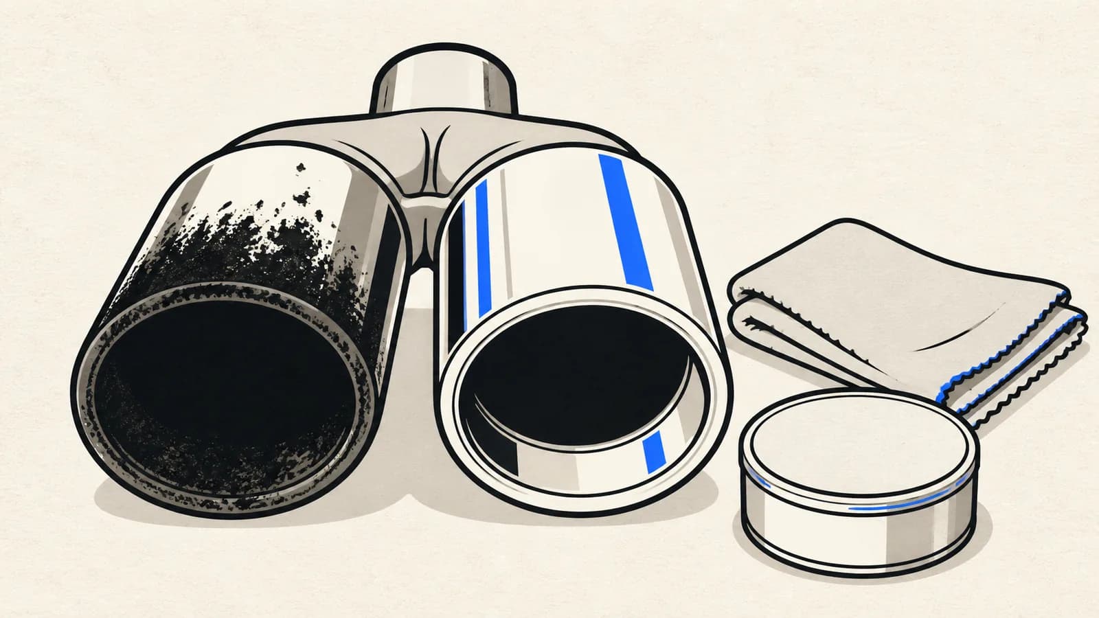 Flat illustration of a twin chrome exhaust tip, one black with soot and the other polished bright, with a polishing cloth and a metal polish tin beside them.