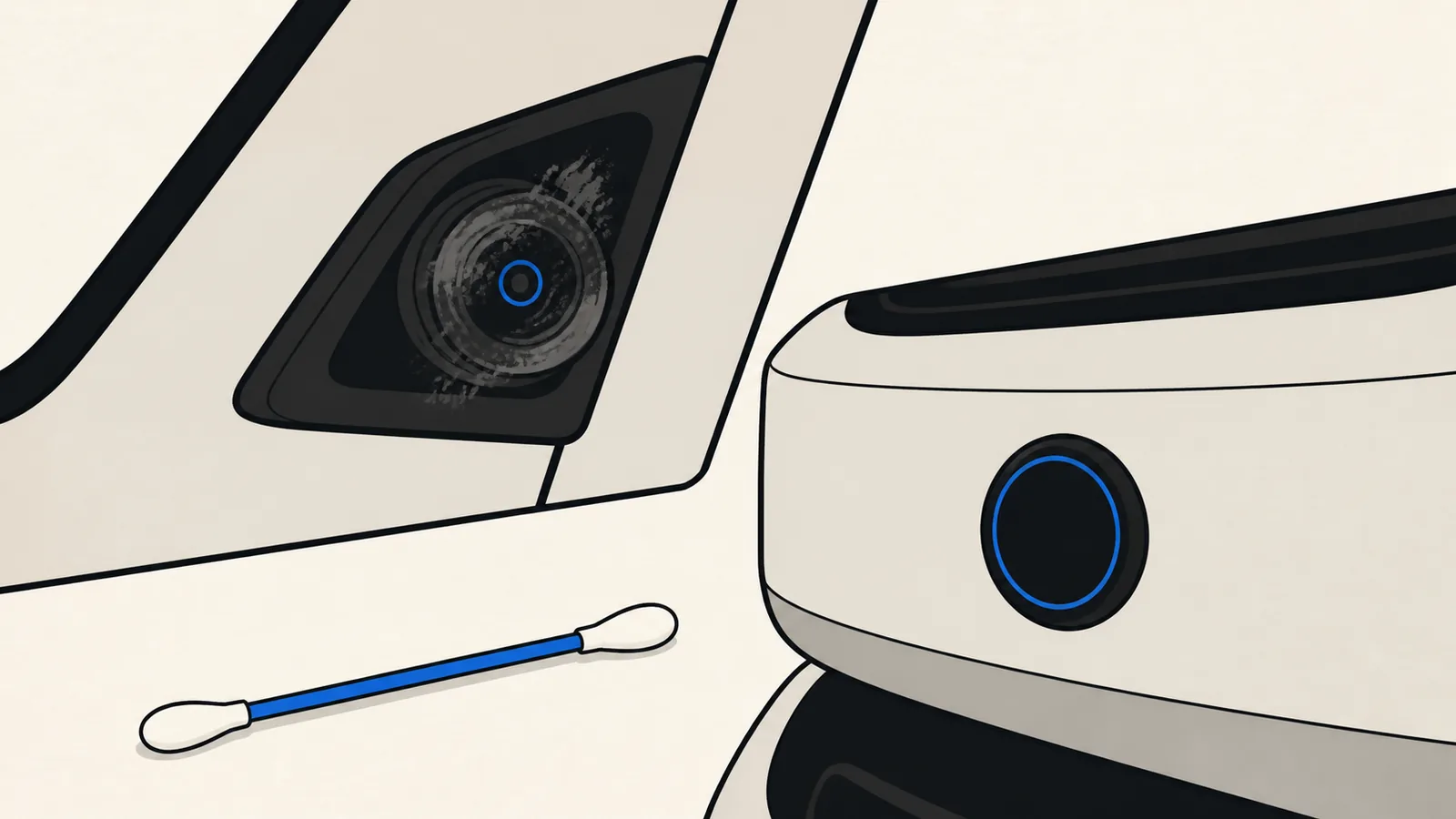 Flat illustration of a car pillar camera and a bumper radar sensor, one lens smeared with road film and the other perfectly clear, with a swab beside them.