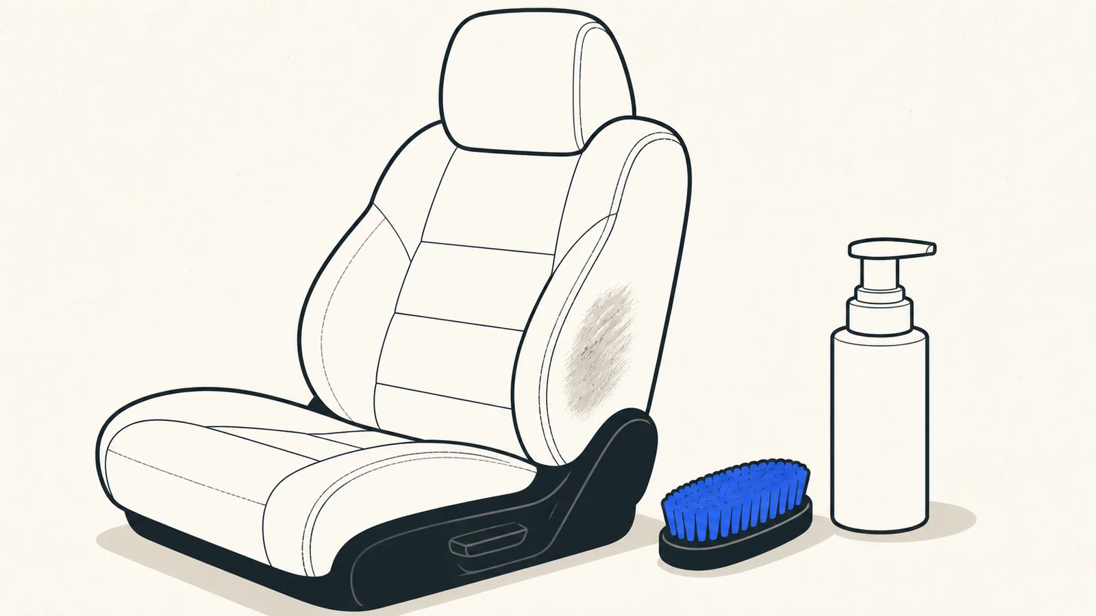 Flat illustration of a white synthetic leather car seat with a grey scuff on the bolster, a soft brush, and a foam cleaner bottle beside it.