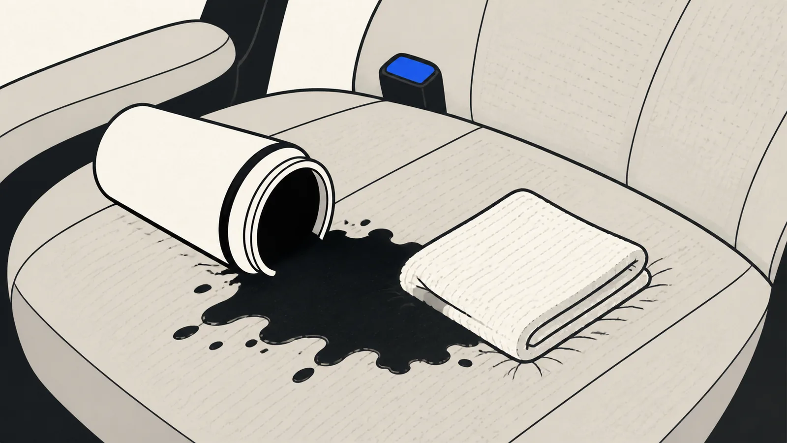 Flat illustration of a tipped travel mug on a car seat with a coffee stain spreading into the fabric and a blotting towel pressing down beside it.
