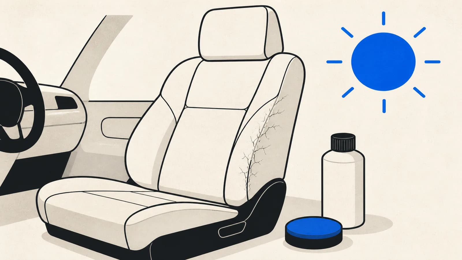 Flat illustration of a leather seat under a hot sun with fine hairline cracks on the bolster and a conditioner bottle with an applicator pad beside it.