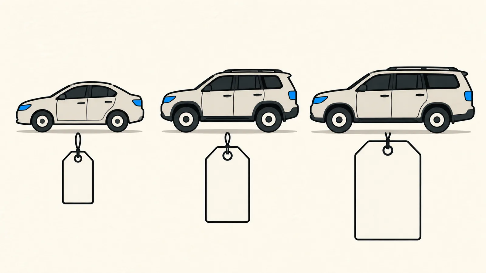 Flat illustration of three vehicle silhouettes in a row, a sedan, an SUV, and a three-row wagon, each above a blank price tag of increasing size.