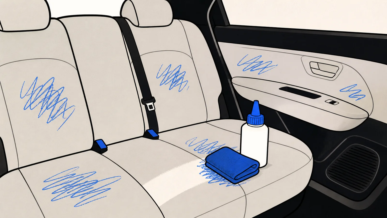 Flat illustration of a car rear seat and door trim with crayon scribble marks and an applicator lifting one mark away.