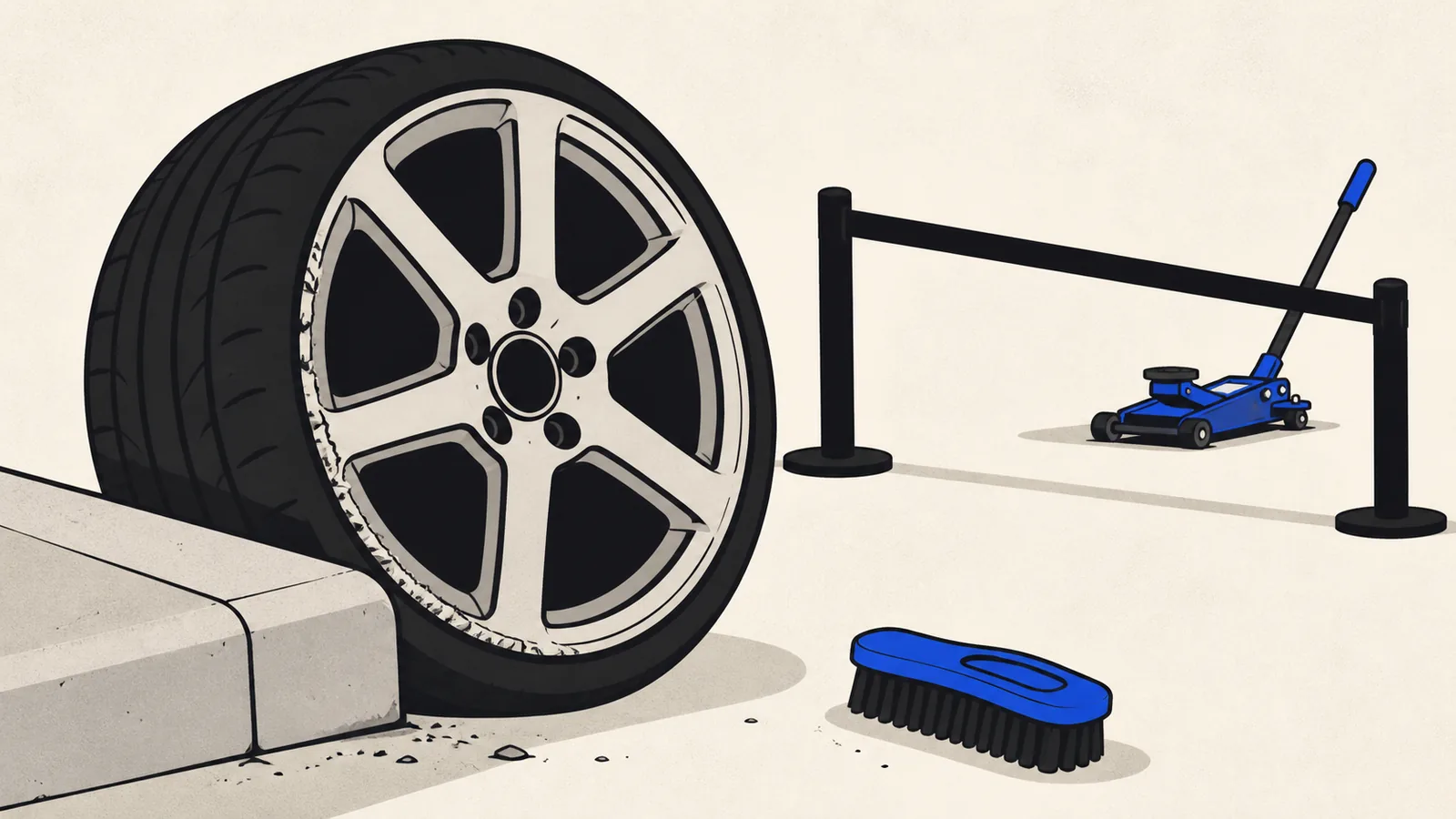 Flat illustration of a wheel rim with a scraped gouge along its outer lip against a curb edge, with a cleaning brush set aside.