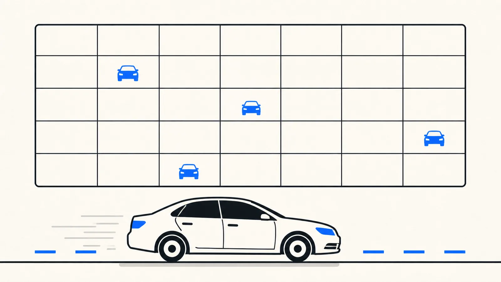 Flat illustration of a weekly planner grid with a small car stamped on a few squares and a commuter sedan along the bottom edge.