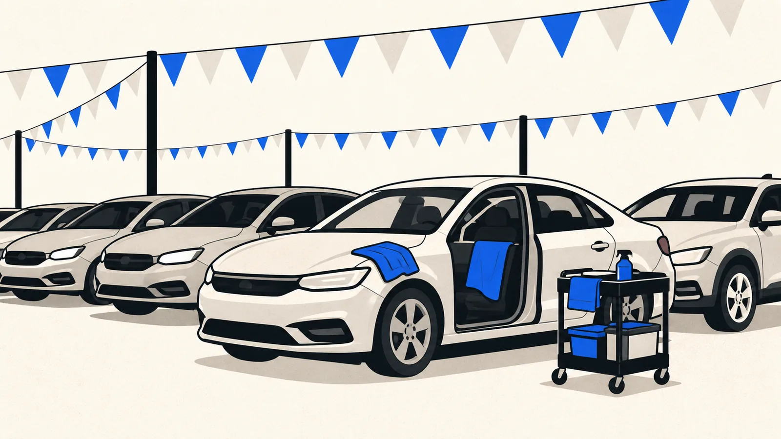 Flat illustration of a row of cars on a dealership lot under a canopy of pennant shapes, with one car mid-detail and a rolling cart beside it.