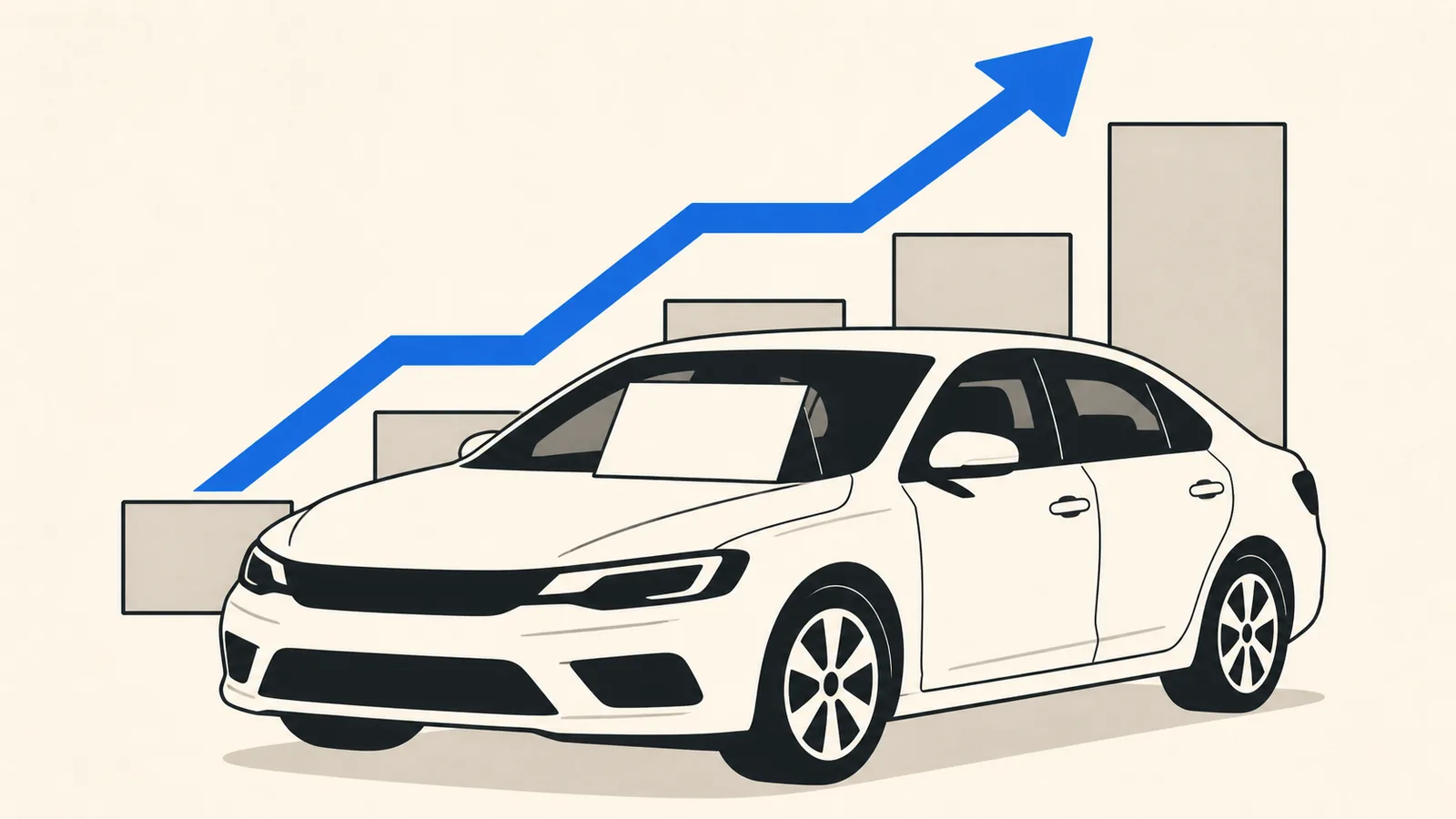 Flat illustration of a detailed car with a blank sale placard and an upward stepping arrow behind it.