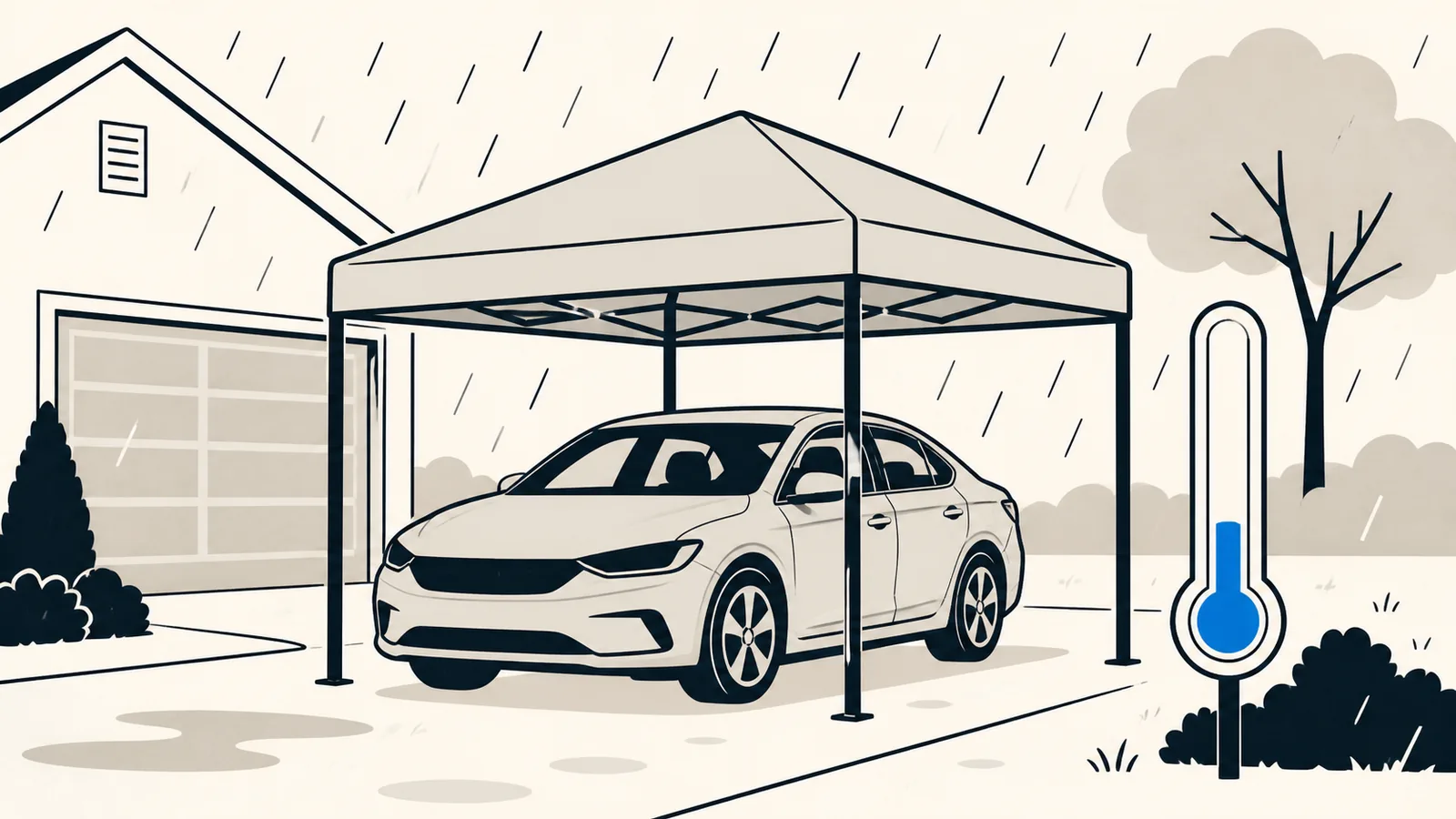 Flat illustration of a car under a pop-up canopy in a driveway while rain falls around it, with a thermometer showing a low reading.
