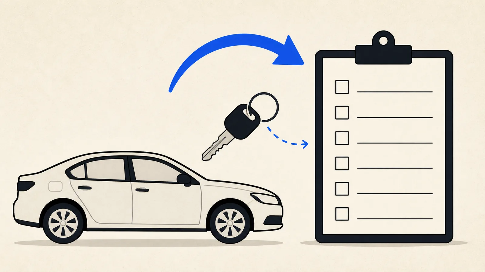 Flat illustration of a lease return: a clean car, a blank inspection clipboard and a car key on a return arrow.