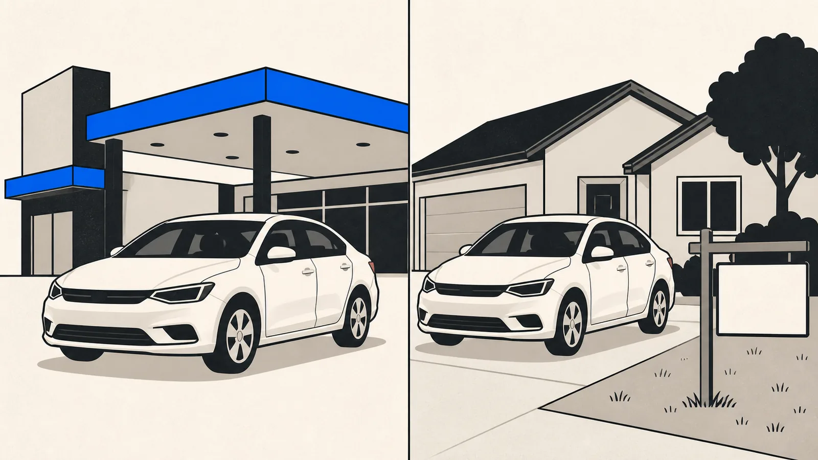 Flat split illustration of a car in front of a dealership canopy on the left and the same car on a residential driveway with a blank sale sign on the right.