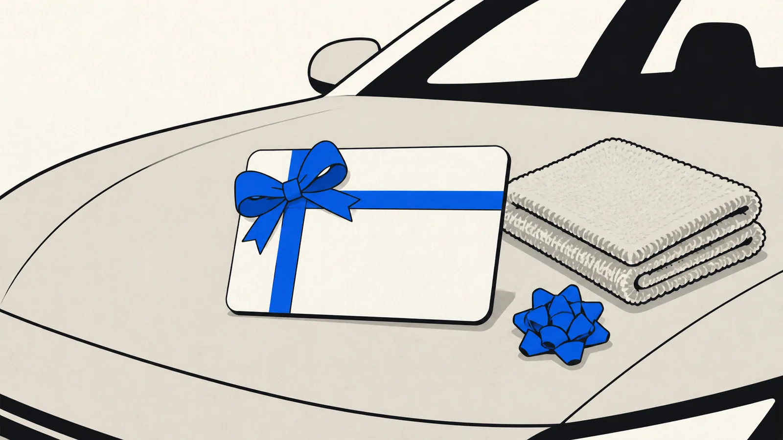 Flat illustration of a blank gift card with a ribbon resting on a car hood beside a folded microfiber towel and a small bow.