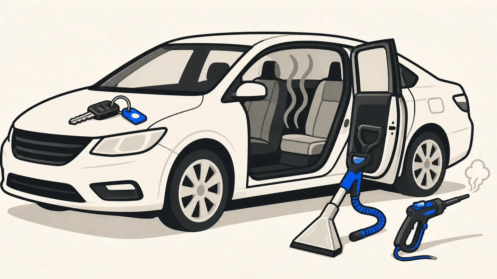 Flat illustration of a used car with keys on the hood, odor waves rising from the cabin, and an extraction wand and steam wand beside the open door.