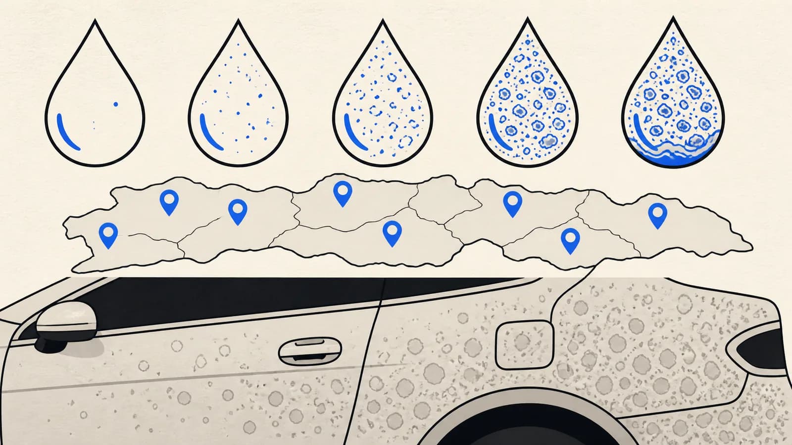 Flat illustration of water droplets of increasing mineral density above a simplified map outline with city pins, and a spotted car panel beneath.