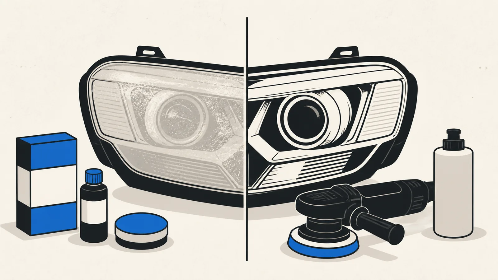 Flat split illustration of one headlight with a hand-held DIY kit and small pad on the left and a machine polisher with sealant on the right.