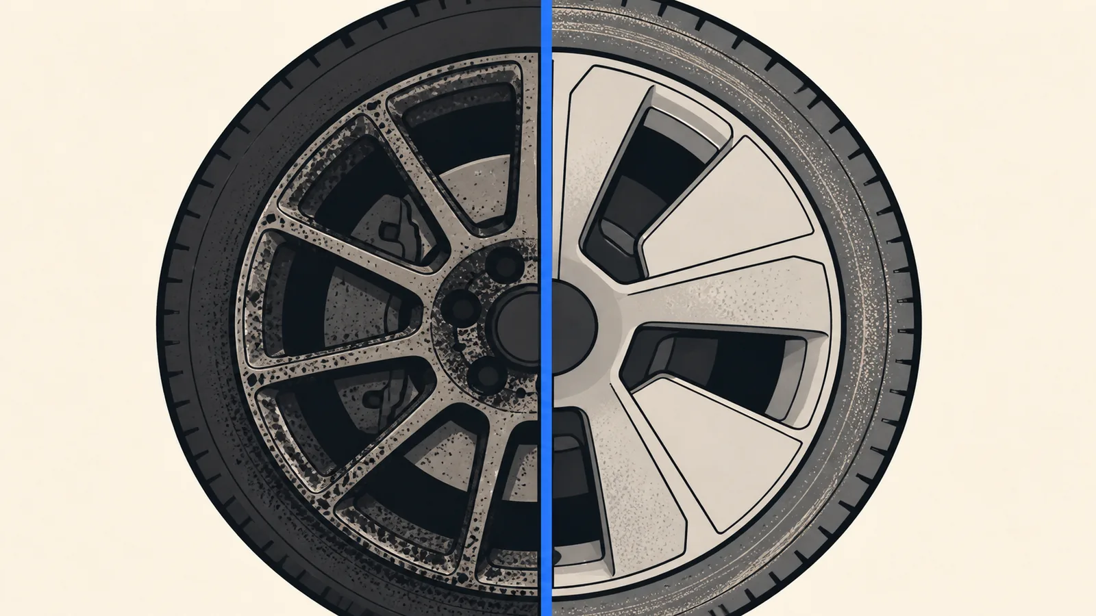 Flat split illustration comparing a combustion car wheel caked in brake dust on the left with an electric car wheel showing tire and rail dust on the right.