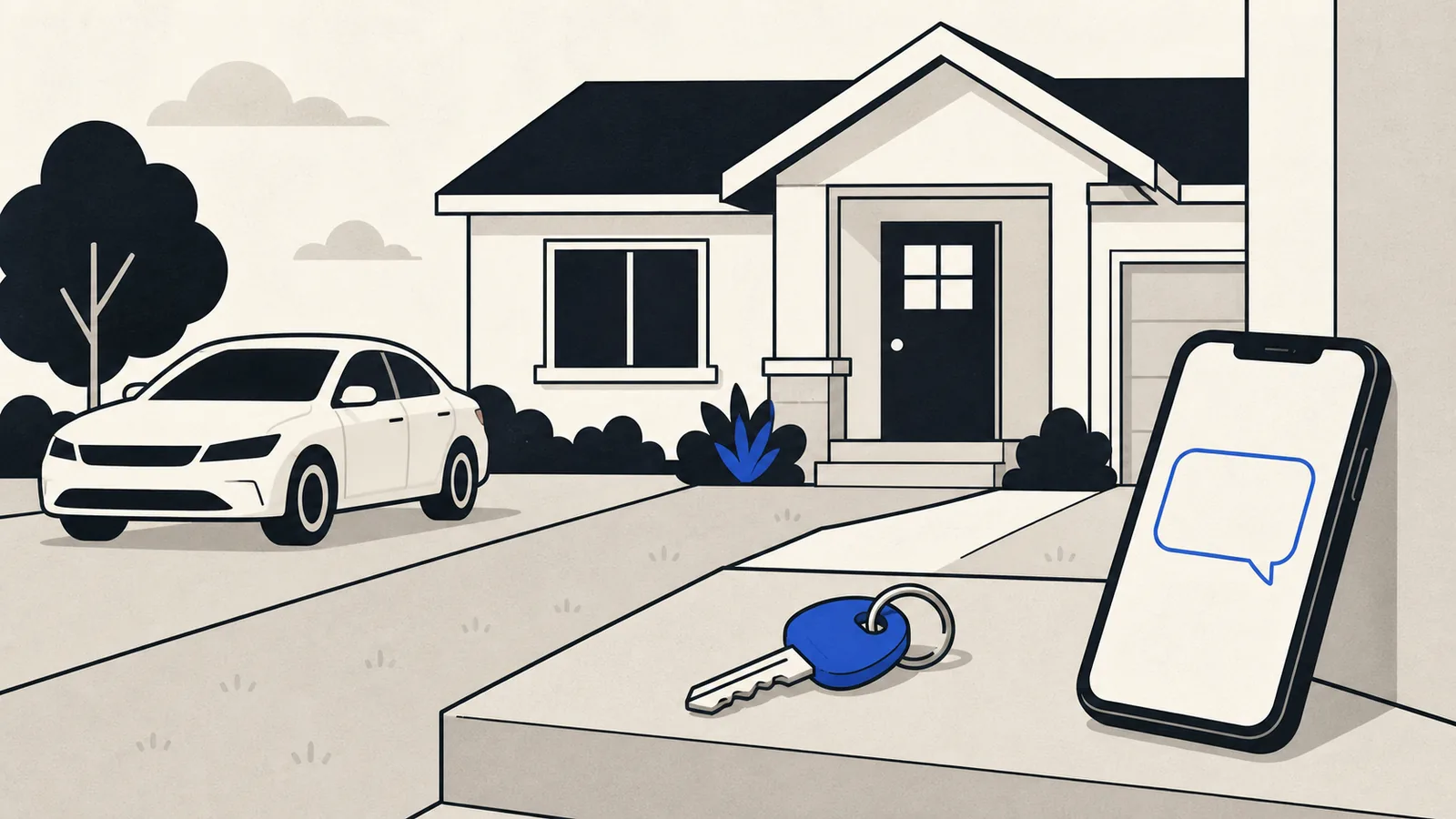 Flat illustration of a house with a car in the driveway, a set of keys resting on the doorstep, and a phone showing a blank message bubble.