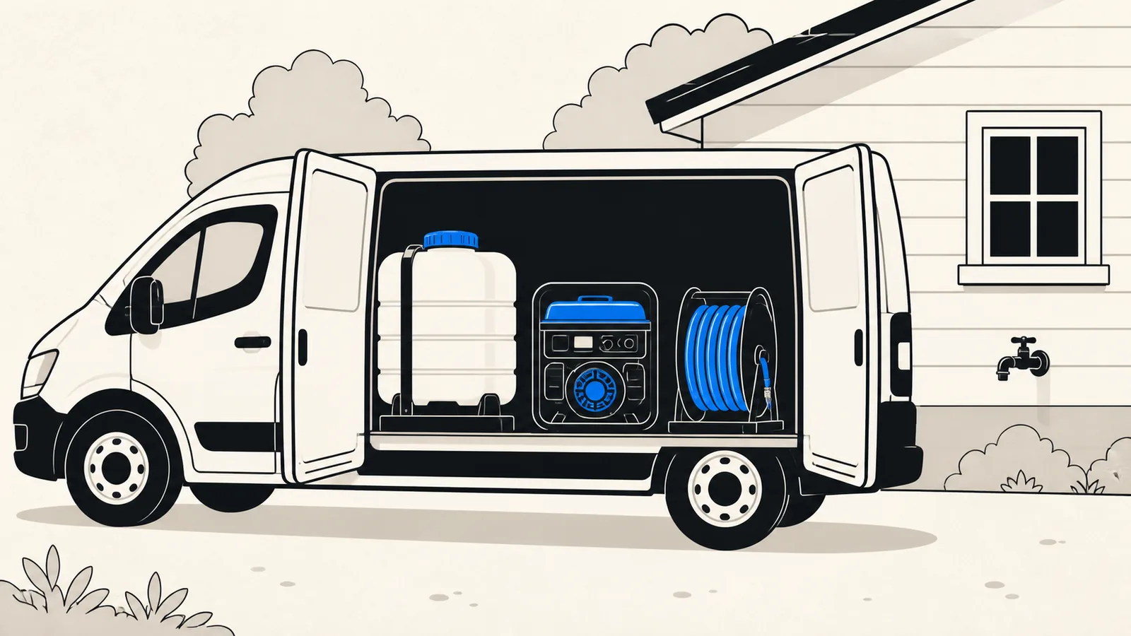 Flat illustration of a detailing van with its side doors open showing a water tank, generator, and coiled hose, with an unused outdoor tap on the house behind.