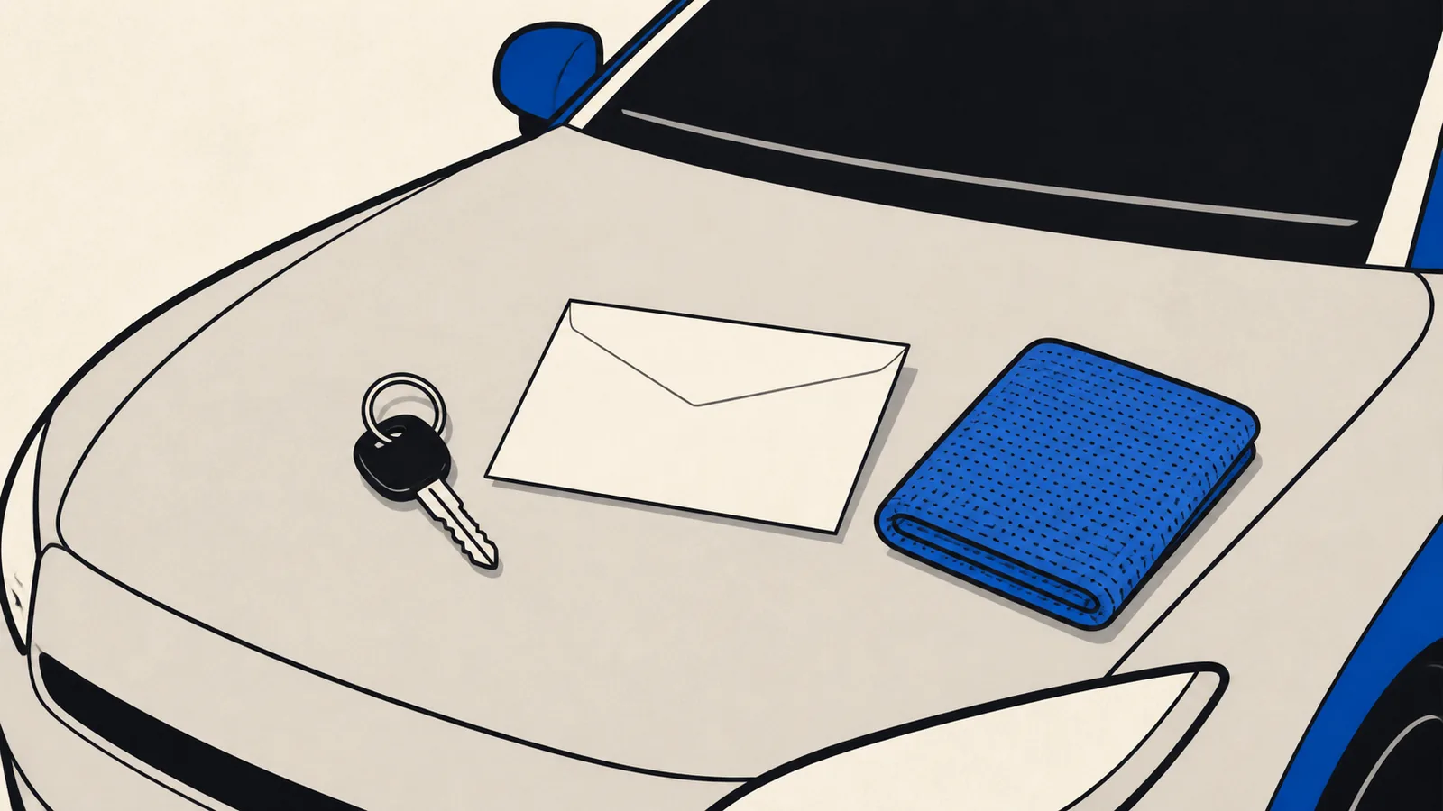 Flat illustration of a blank envelope resting on a car hood beside a set of keys and a folded microfiber towel.