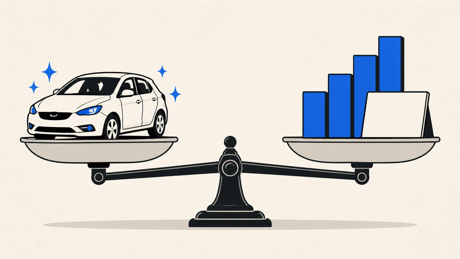 Flat illustration of a clean car on one side of a balance scale and a rising stepped bar chart on the other, with a blank sale placard leaning against it.