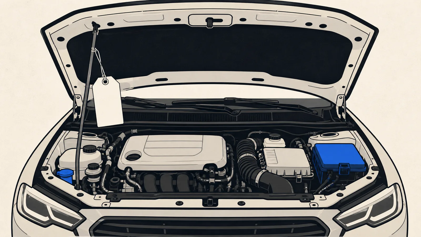 Flat illustration of an open hood over a simplified clean engine bay with a blank price tag hanging from the hood prop and a covered fuse box.