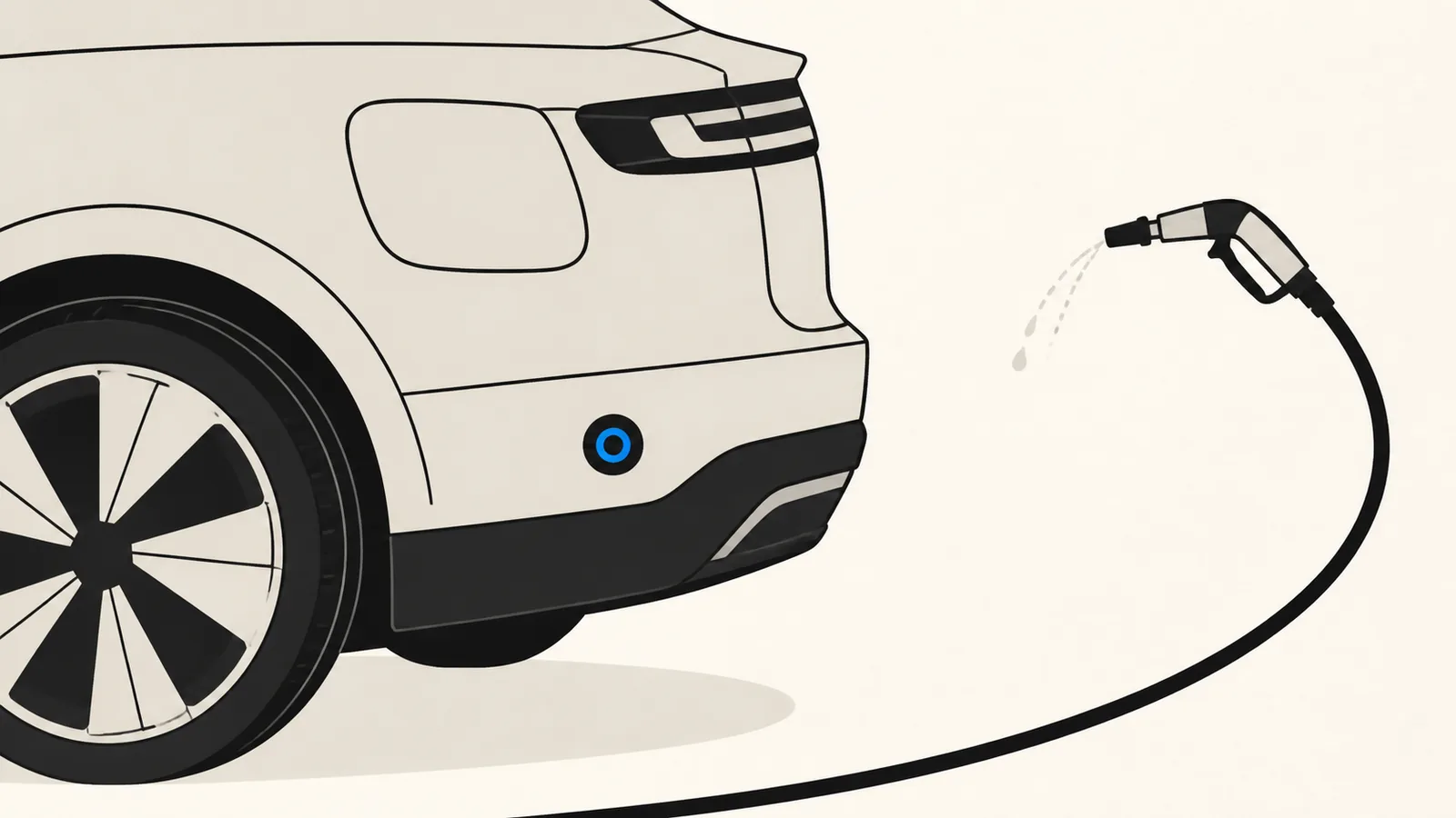 Flat illustration of a car charging port with a closed cover, a sensor puck on the bumper marked in blue, and a low-pressure hose arcing away from them.
