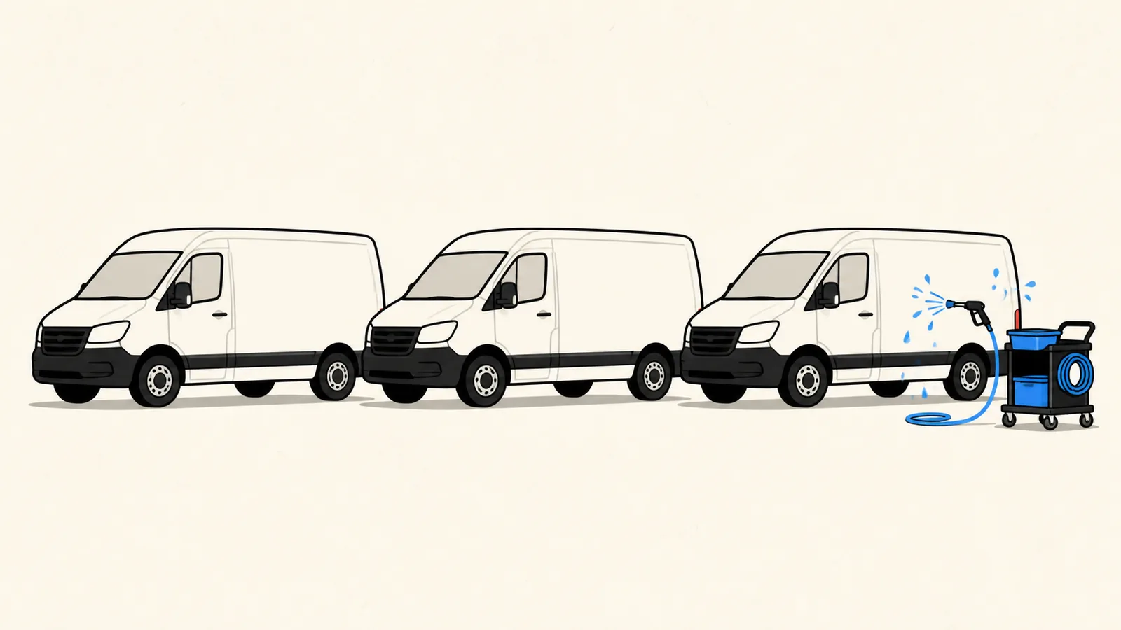 Flat illustration of a row of three identical generic work vans with blank side panels, one being washed by a detailing cart at the end of the line.