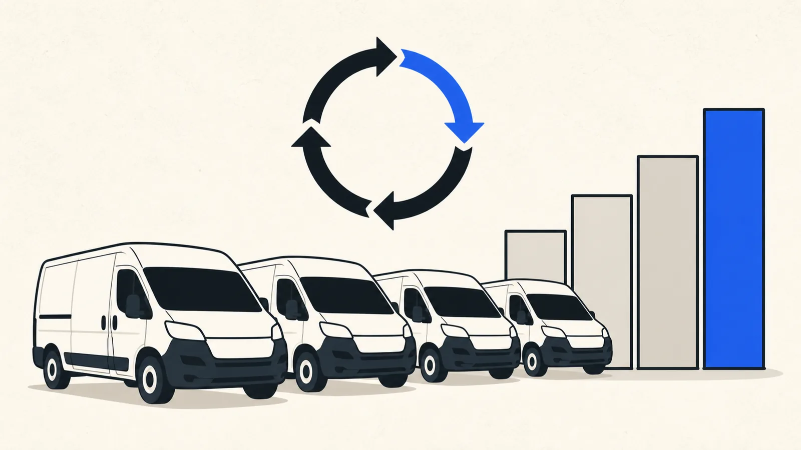 Flat illustration of a row of clean work vans beside a rising stepped bar chart with a repeating schedule loop arrow above them.